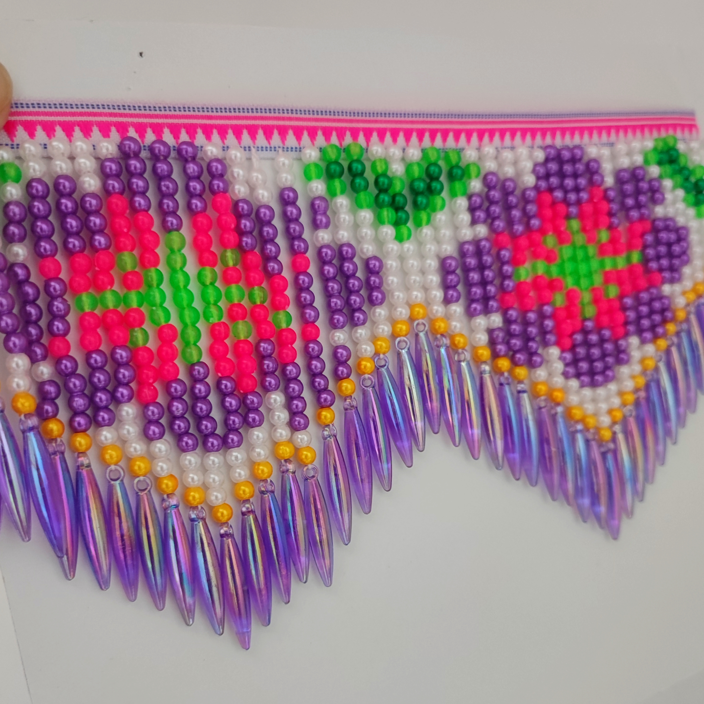 Beaded Trim Fringe - 10cm Wide Purple Daisy Pattern Chevron