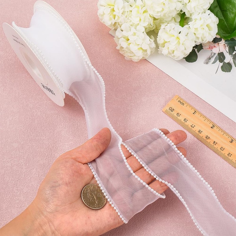 5 Yards White Faux Pearl Edge  - مراجعة Organza Ribbon Spool وسعره