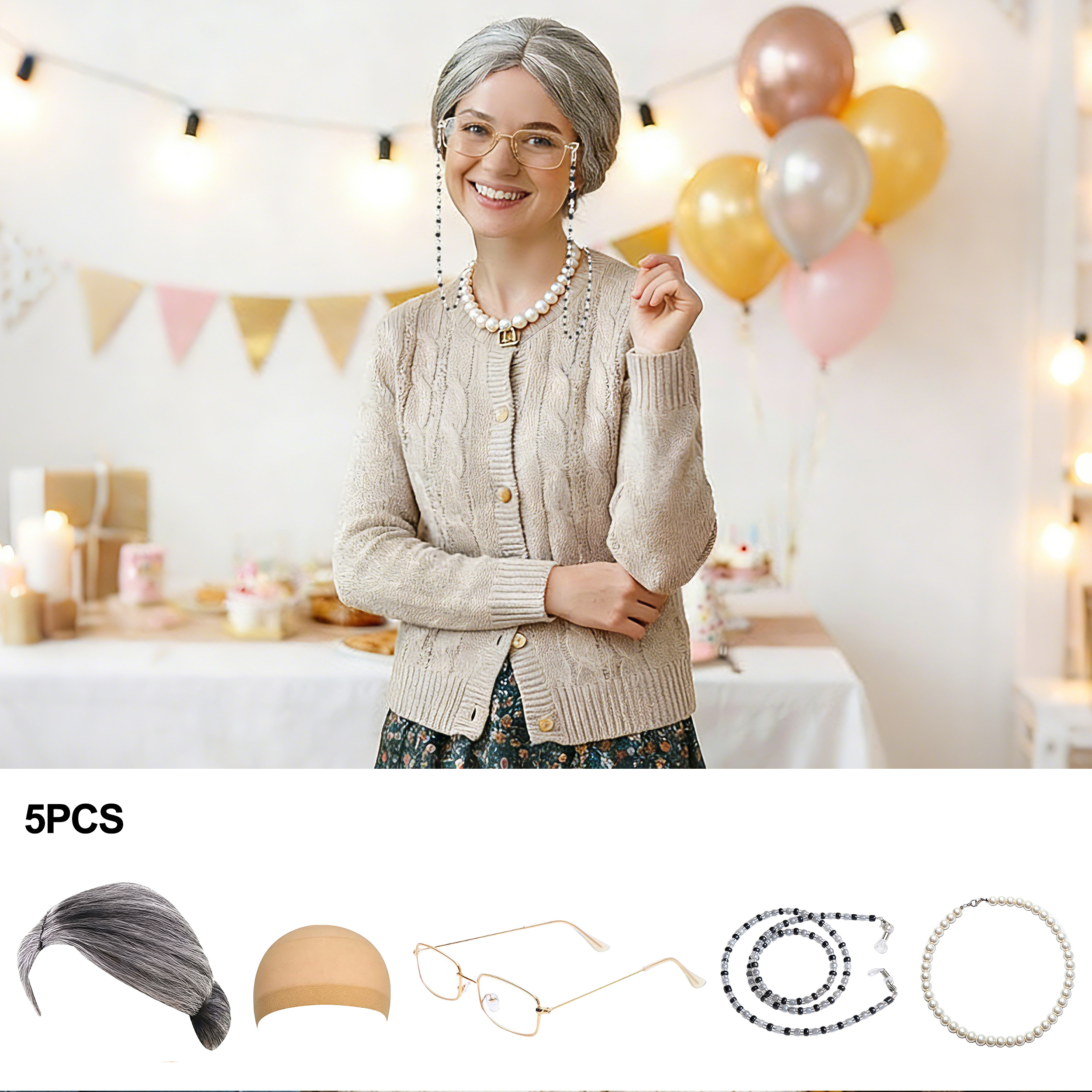 5Pcs Old Lady Costume Set Gran - مراجعة Pearl Trim Chain وسعره