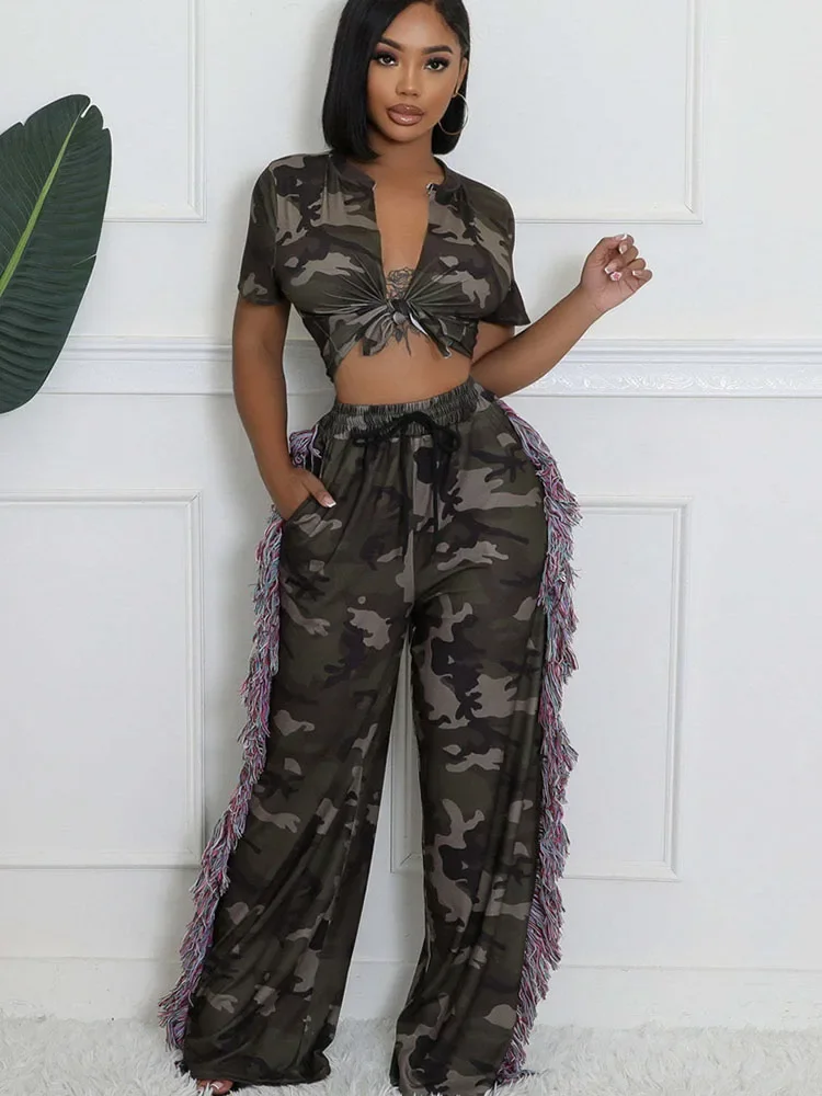 Camouflage Printed Two Piece S - مراجعة Tassel Fringe Trim وسعره