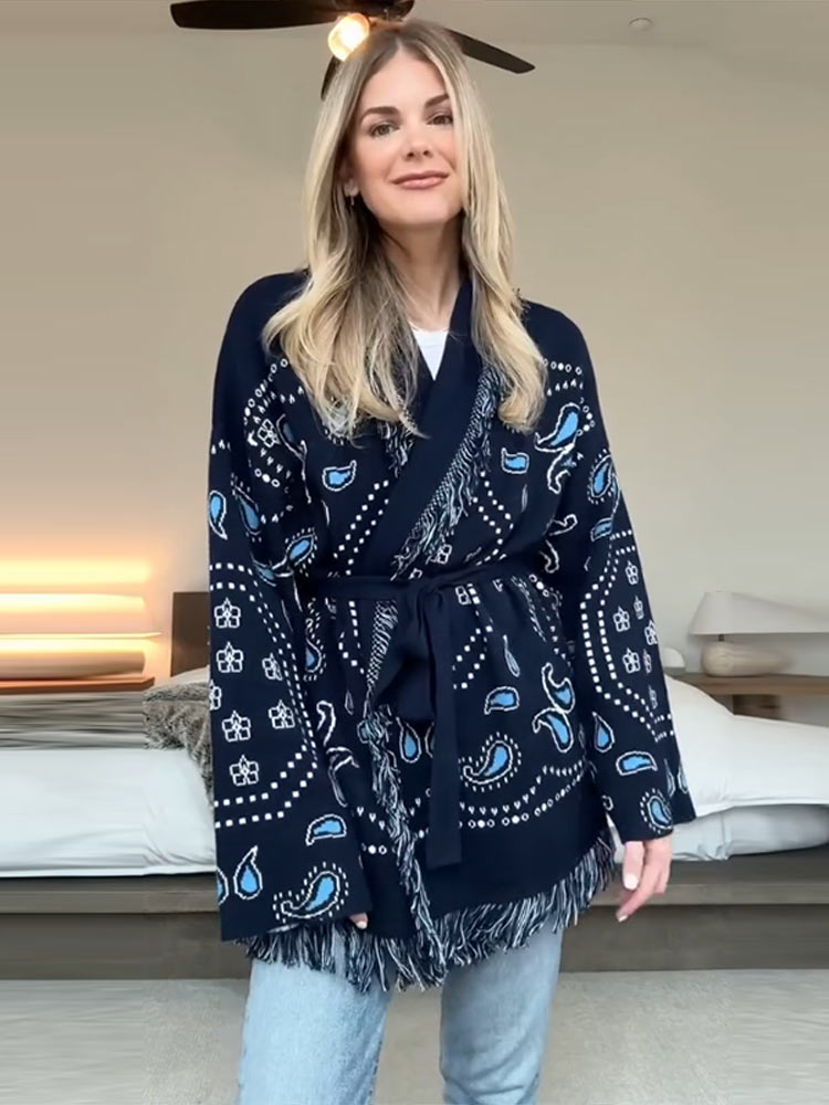 Elegant Print Tassel Cardigan  - مراجعة Tassel Fringe Trim وسعره