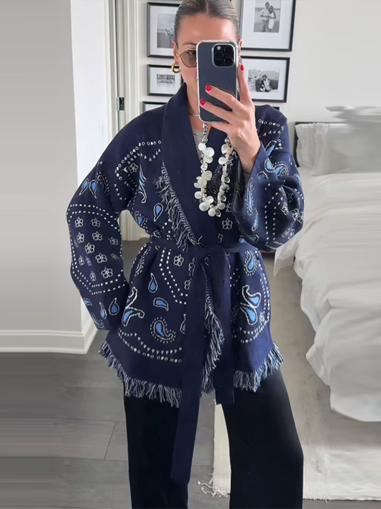 Elegant Print Tassel Cardigan  - مراجعة Tassel Fringe Trim وسعره