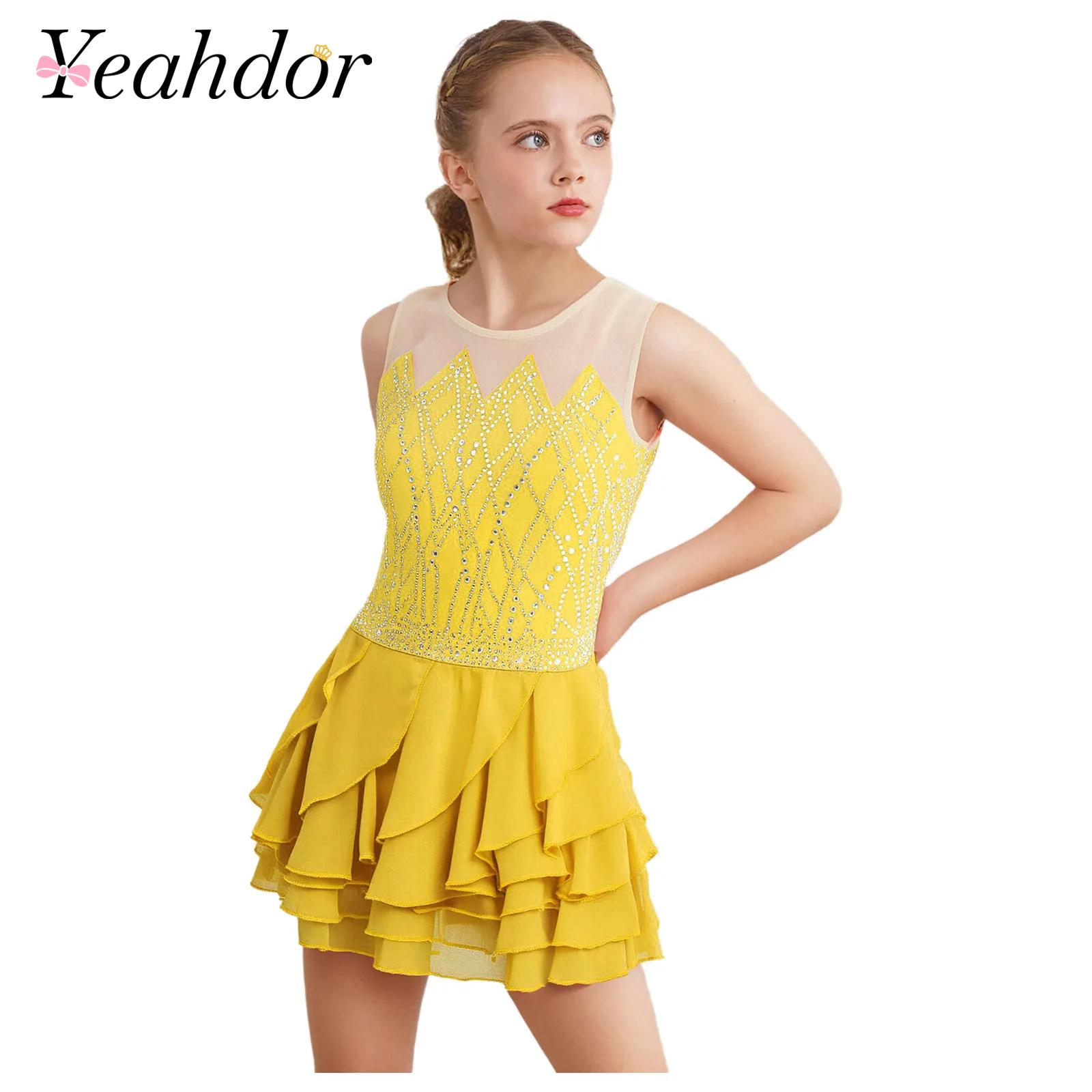 Girls Mesh Figure Skating Dres - مراجعة Rhinestone Banding Trim وسعره